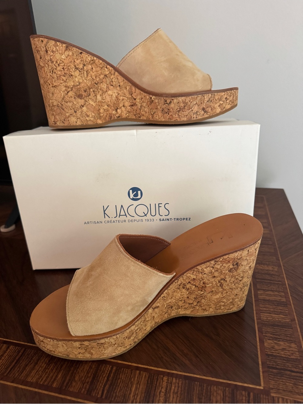K.Jacques Tan Suede Cork Wedge Slide, size 41 (US 10). original price $328
